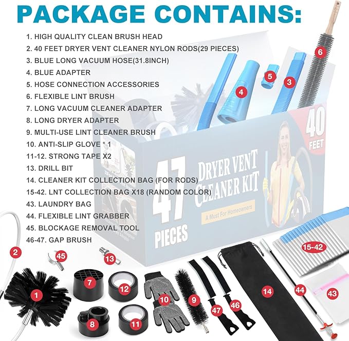 Sealegend 47-Pieces 40-Feet Dryer Vent Cleaner Kit, Dryer Cleaning Tools, Include Omnidirectional Blue Dryer Lint Vacuum Attachment, Dryer Vent Brush, Universal Vacuum & Dryer Adapters