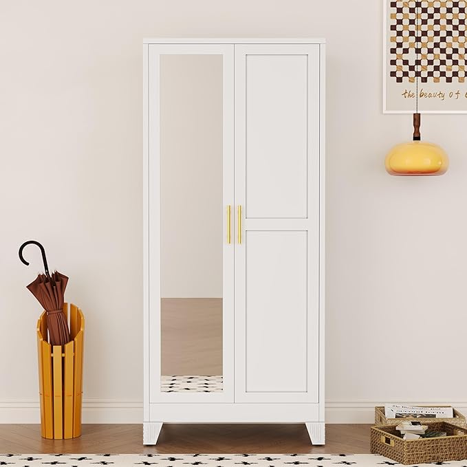 71" Metal Armoire Wardrobe Closet, Steel Clothing Storage Cabinet with Mirror and Adjustable Shelves, Household Steel Wardrobes Storage Cabinet with Adjustable Standing Feet and Hanging Rod（White）