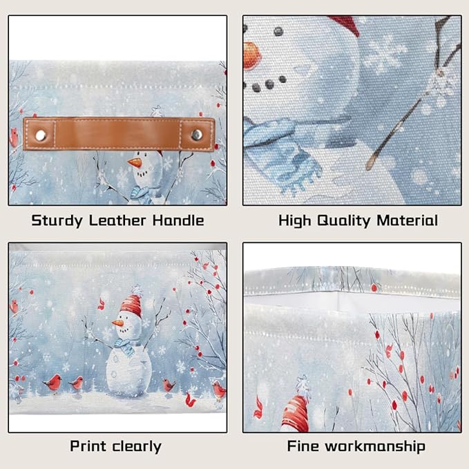 Storage Baskets Bin, Christmas Winter Snowman Collapsible Canvas Fabric Storage Bin Decorative Baskets Toy Organizer Rectangle Storage Boxes with Handles for Home Shelves Nursery, J-019