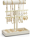 Vlando 2 Tier Necklace Holder Organizer with Tray, Leather Bracelet Holder Display for Women, Gold Jewelry Holder Stand for Bracelet, Necklace, Earrings, Rings - Cloud White