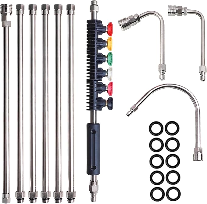 Xiny Tool Pressure Washer Extension Wand, 10 Pack Power Washer Lance with 5 Atomization Nozzle Tips,1 Gutter Cleaner Attachment Curved Rod, 1/4" Quick Connect, 4000 PSI