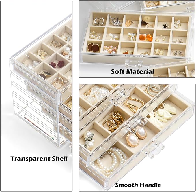 Jewelry Organizer with 5 Drawers Clear Acrylic Earring Display Case Velvet Jewelry Storage Box Display Holder for Earring Ring Bracelet Necklace (Beige, 66 Grids)