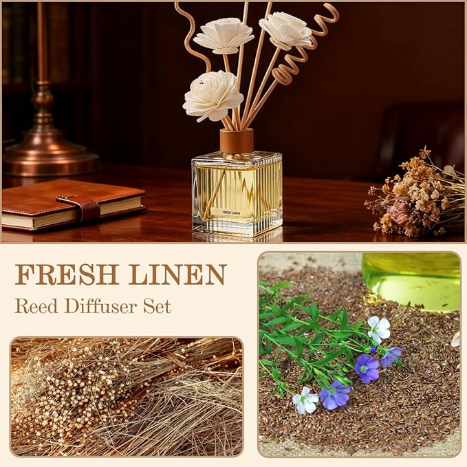 Fresh Linen Reed Diffuser Set - 6.7 oz Glass Bottle with 4 Rattan Sticks,3 Dried Flowers,Adjustable,Long-Lasting Scent for Home,Bedroom,Living Room,Office,Bathroom,Aromatherapy Gift Set