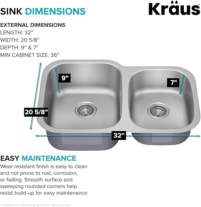 KRAUS Premier 32-inch Undermount 60/40 Double Bowl with Low Divider 18-Gauge Stainless Steel Kitchen Sink with Strainers (x2), KBU24