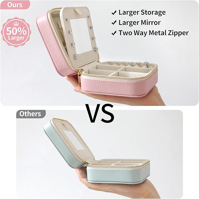 Genuine Leather Travel Jewelry Organizer Case with Mirror for Women, Small Mini Portable Jewelry Box for Ring Earrings Necklace Bracelet Luxury Gift for Women（Beige）