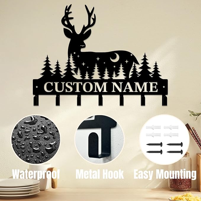 Personalized Custom Name Forest Deer Wall Keys Hooks,Metal Forest Deer Art Clothes Hooks,Metal Forest Deer Wall Home Storage Decorative,For Front Door, Hallway, Kitchen, Bedroom,Keys,Hats (Style G)