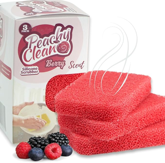 Peachy Clean Silicone Dish Sponge Scrubbers, Fresh Berry Scent, Non-Scratch, Odor-Resistant, Durable Dish Sponges for Kitchen 3pk