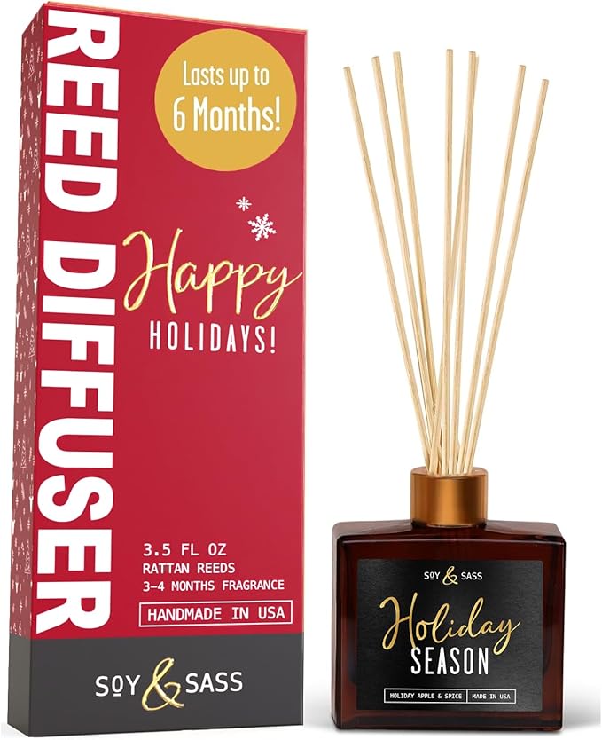 Holiday Diffuser, Holiday Reed Diffusers for Home Christmas Décor - w/Apple & Spice I Infused w/Essential Oils I 3.75 OZ Oil I Long-Lasting Scent Lasts 4-6 Month's I Made in The USA