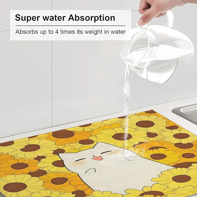 Cute Cat Dish Drying Mat for Kitchen Counter Microfiber Super Absorbent Non-Slip Dish Drying Pad for Countertops Dishes Utensils Stylish Quick-Dry Machine Washable 18x24 Inch