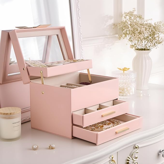 Lolalet Jewelry Box, Clear Window Jewelry Organizer with Drawer for Earrings Bracelets Necklaces Rings, Jewelry Storage for Women -Pink, 4 Layers