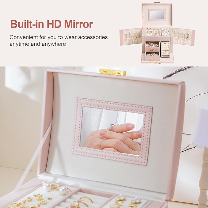 CASEGRACE Jewelry Box Organizer for Women Girls, Three Layer Jewelry Storage Box with Mirror PU Leather Jewelry Display Case for for Bracelets, Earrings, Rings, Necklaces,Pink