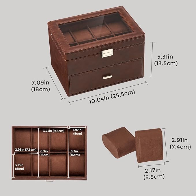ProCase Watch Box for Men, Jewelry Organizer Box with Drawer, Display Storage Case with Glass Lid -Brown, 16 Slot