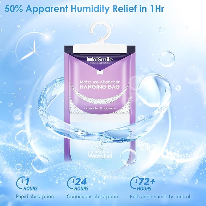 Moisture Absorbers 20 Pack Lavender Fragrance, Hanging Closet Dehumidifier Bags, Humidity Absorber, Compact Eliminates Odors Humidity Packs for Car, Bathroom, Bedroom, Basement, 9.8OZ