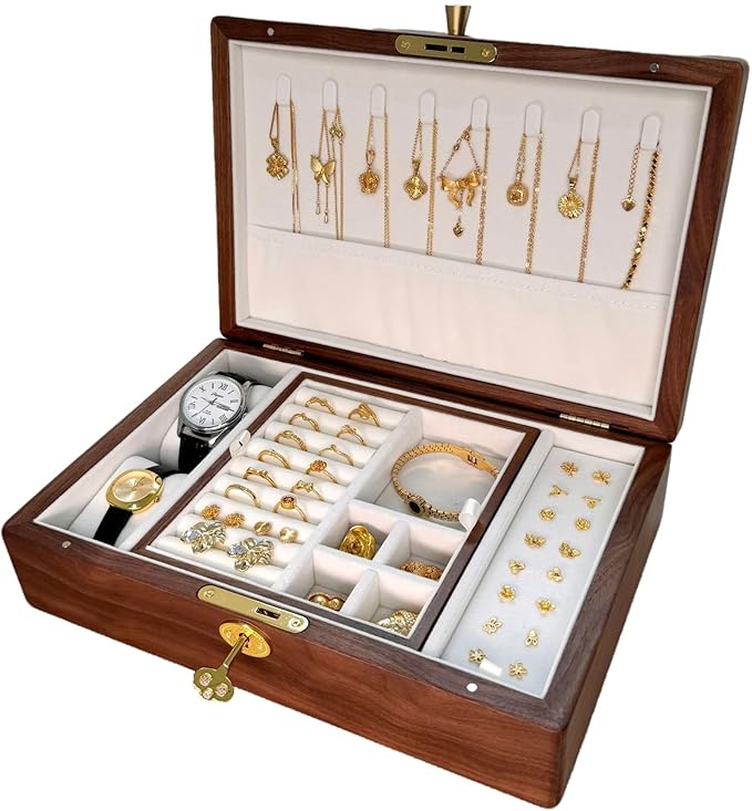Bescott 2 Layer Solid Black Walnut Wooden Jewelry Box with Lock and Key for Women Wood Vintage Organizer for Men Earrings Rings Necklaces Bracelet Watch Storage Mother's Day Gift