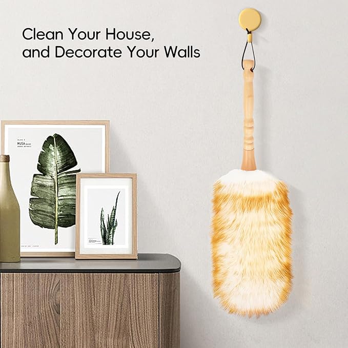 FeelfunFeather Lambswool Duster with Solid Wooden Handle,Leather Hang Strap,Comfortable Grips 19.6 inch Long Natural Feathers Dusters for Cleaning Wall Plant Desk Blind Cleaner Duster Tool