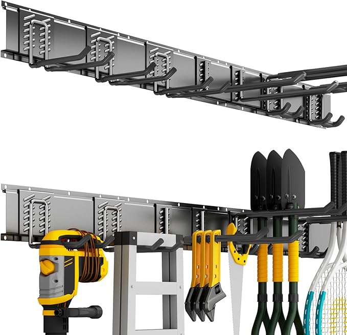 CRXCRC Garden Tool Organizer Wall Mount, 48inch Heavy Duty Garden Tool organizer Storage System, Easy Install With 7 Adjustable Hooks, For Garage, Basement, Shed, Workshop(Black)