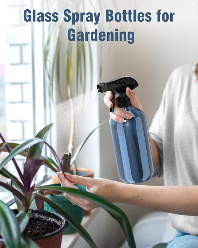 Bontip Glass Spray Bottle, Indigo Blue Glass Spray Bottle Set & Accessories Refillable for Plants Window Cleaners Aromatherapy Facial Hydration Watering Flowers Hair Care (2 Pack/16 oz)(Indigo)