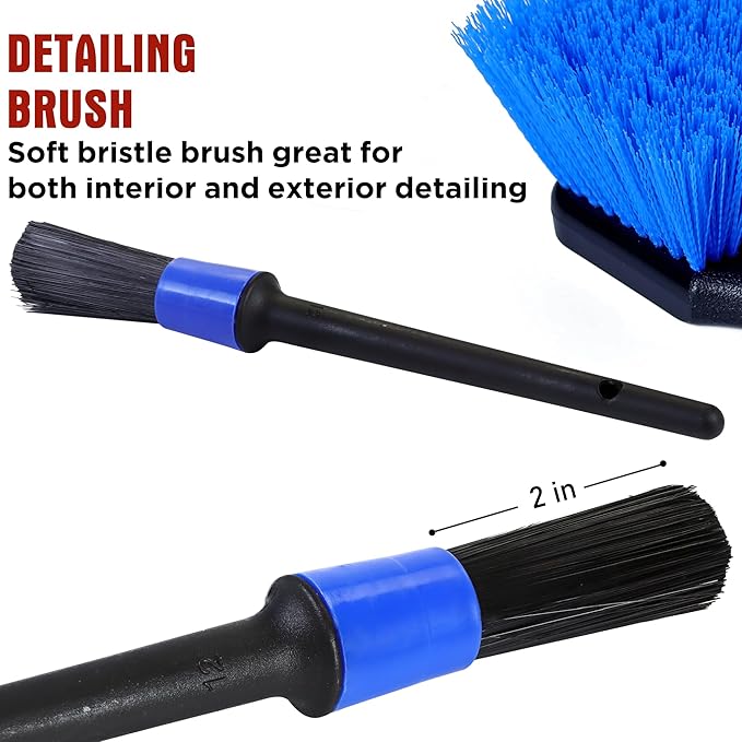 TAKAVU Short Handle Wheel Tire Brush & Included Detail Brush - Car Cleaning Kit for Rims, Tires, Interior Vents, Emblems - Scratch-Safe (Blue - Stiff Bristle)