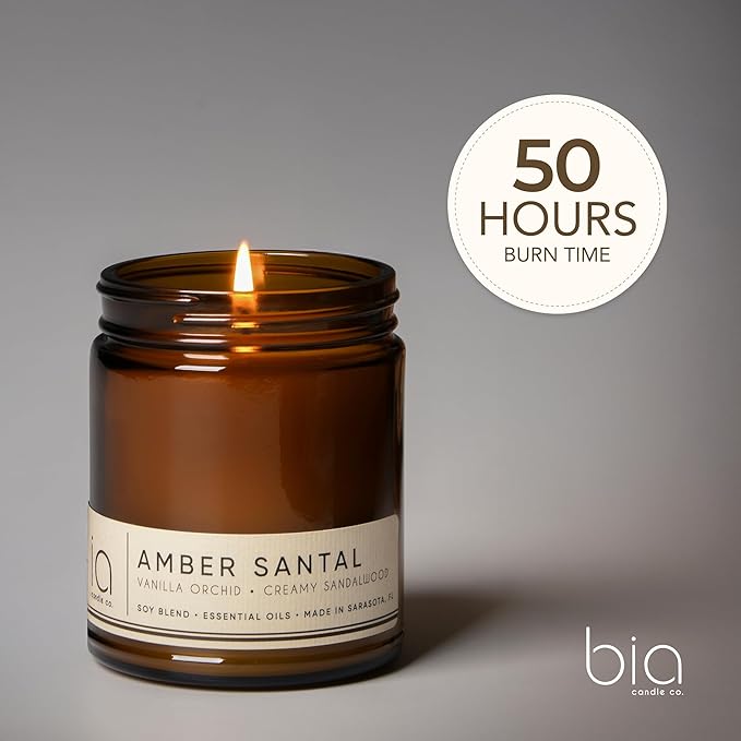 Bia Candle Co Soy Blend Candle, Vanilla & Sandalwood with Sweet Orange – Long-Lasting Clean Burn, Lead-Free Wick, Brown Glass Jar with Gold Lid – Amber Santal, 7 oz