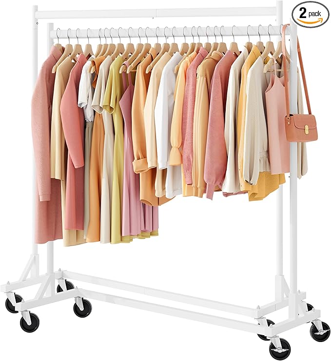 Hoctieon Z Rack Set of 2, Rolling Clothing Racks with Z-Base, Heavy Duty Garment Racks Set of 2, Clothes Rack on Wheels with Brakes, Clothes Organizer Rack Set of 2, White