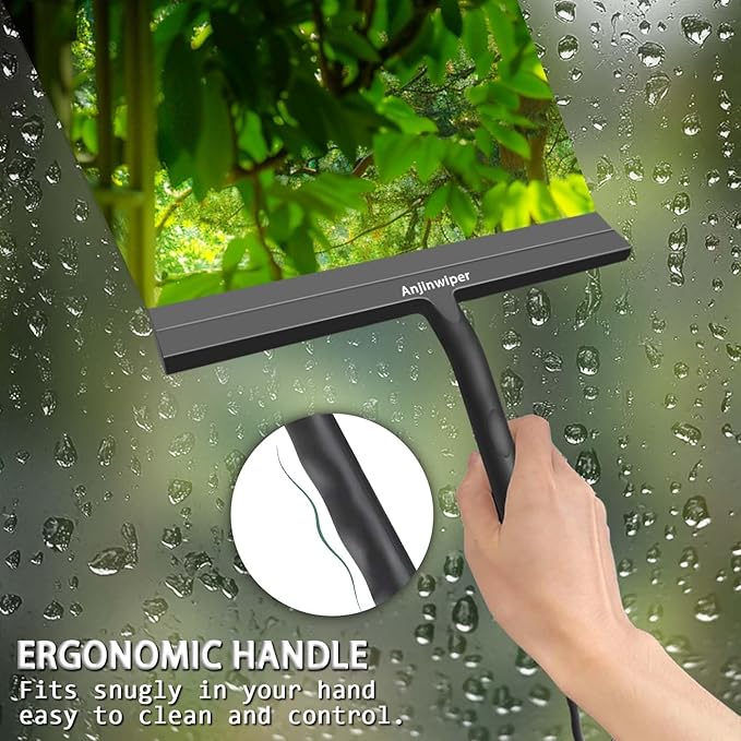 Anjinwiper Shower Squeegee for Glass Doors with Adhesive Hook, All-Purpose Squeegee for Shower Glass, Bathroom, Window, Mirror, Car Glass and Tile Wall-8.6 Inches,Black