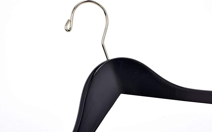 Quality Wooden Skirt Hangers with Clips, 10-Pack Smooth Solid Wood Pants Hangers with Durable Adjustable Metal Clips, Swivel Hook, Coat, Jacket, Blouse Suit Hangers (Black - Gold Hook, 10)