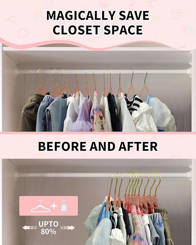 HGYZE Kids Hangers for Baby Clothes, 50pcs Toddler Hangers with 360° Swivel Golden Hook, 12.5" Acrylic Glitter Hangers, Pink Sparkling Hangar with Glitter for Infant Girl Dresses Coat Sweater Nursery