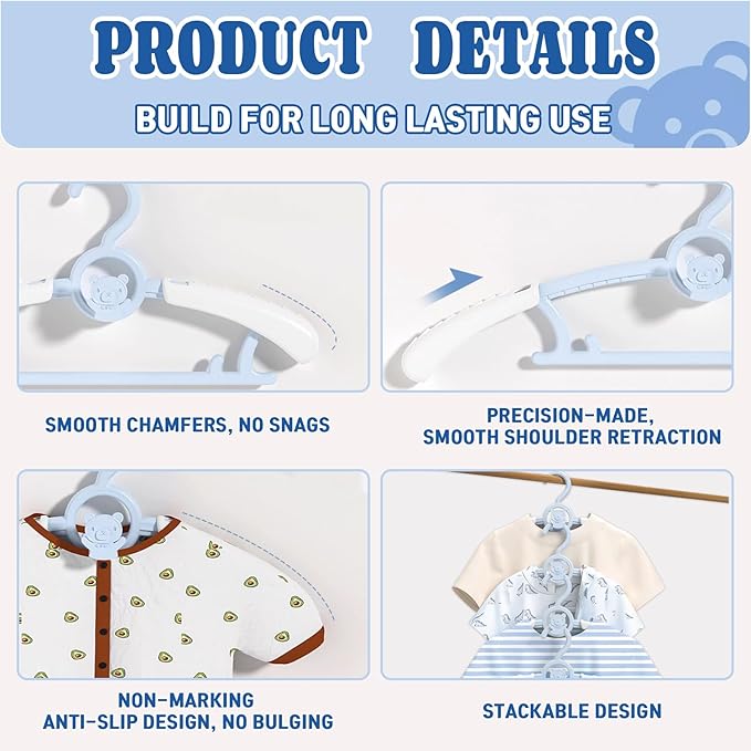 HGYZE Kids Hangers 11"-14" Adjustable Plastic Baby Boy Hangers 20 Pack, Toddler Bear Hanger for Children's Clothes Sweaters, Infant Hangar for Closet with Non-Slip Shoulder Grooves & Pants Bar, Blue