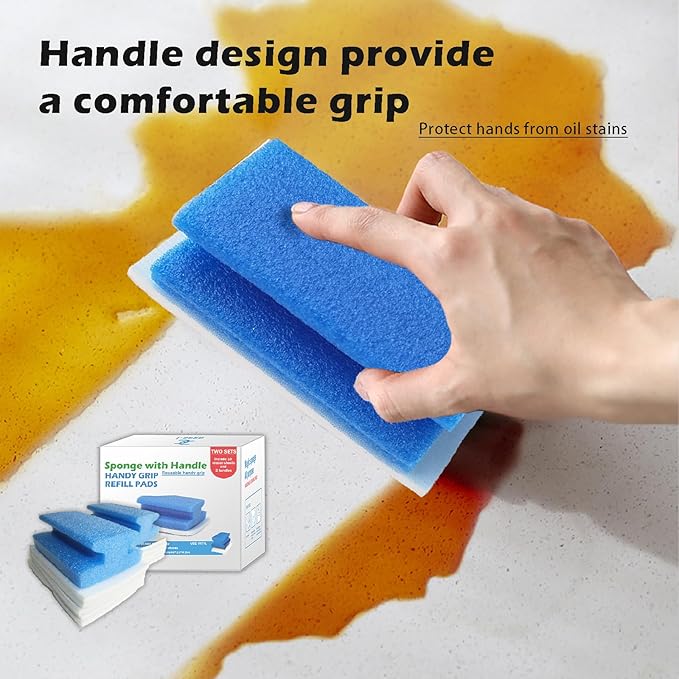 Magic Sponge Brush with Handle, Magic Sponge Eraser Handy-Grip with 10 Scouring Refill Pads 2 Reusable Scrubber, Scrub Pad Singles with Handle for Bathroom, Sink, Stovetops, Patio Furniture