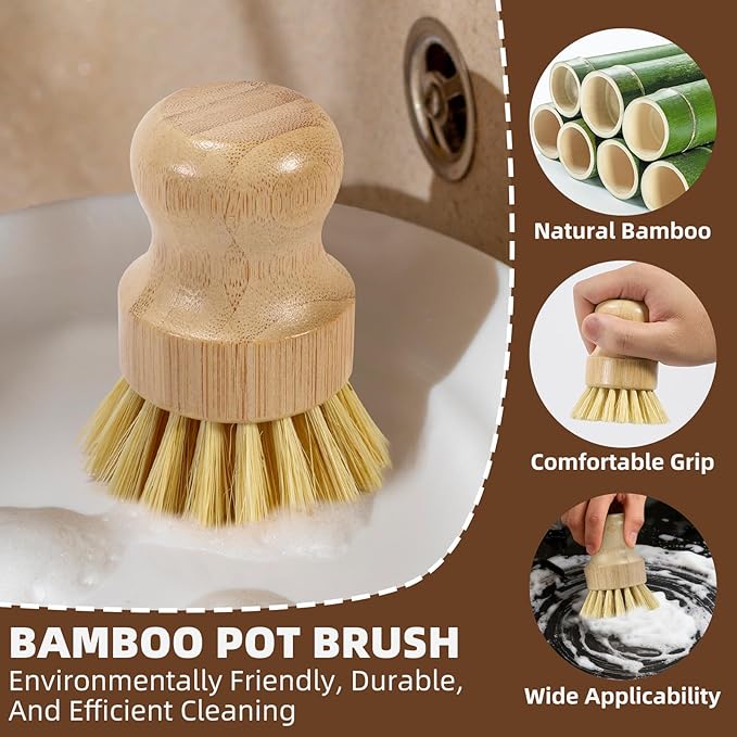 SAMEBUTECO 6-Piece Bamboo Dish Brush Set with Fast-Dry Stainless Steel Holder,3xNatural Sisal Bristle Brush & 1xPalm Bristle Kitchen Cleaning Brushes for Dishes, Pots, Pans & Sink