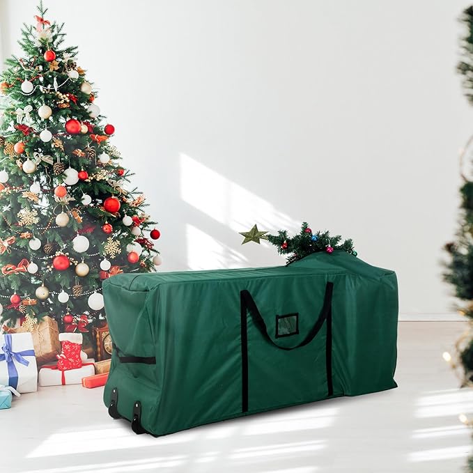 7.5 Ft Heavy Duty Christmas Tree Storage Bag 900d Oxford Fabric with Wheels and Reinforced Handles, Durable Xmas Storage Box for Disassembled Holiday Tree (7.5 ft,Green)