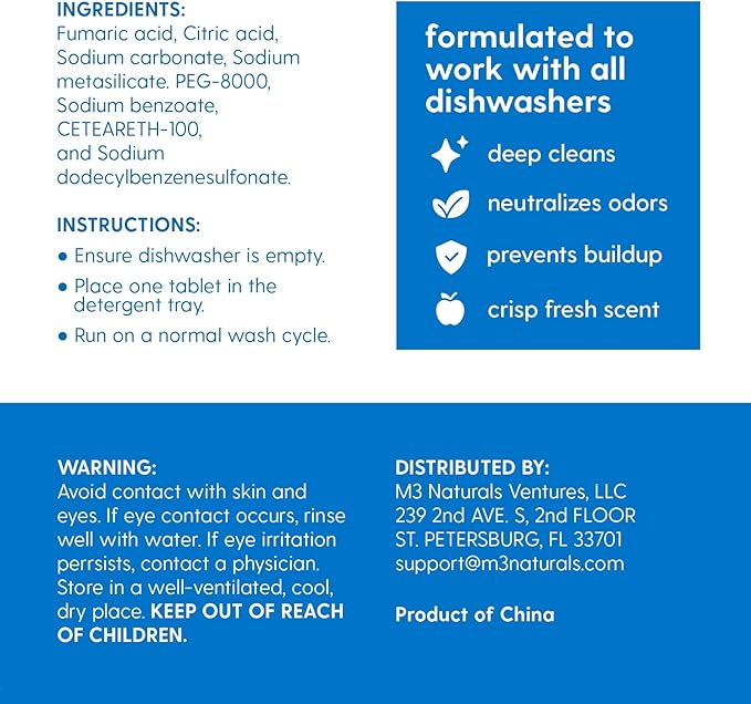 Dishwasher Cleaner & Deodorizer Tablets, Fights Grime, Grease, Limescale, Residue & Odor, Heavy Duty Cleaning Descaler Pods, Septic Safe, 24 Fresh Apple Scented Tablets, 1-Year Supply, by M3