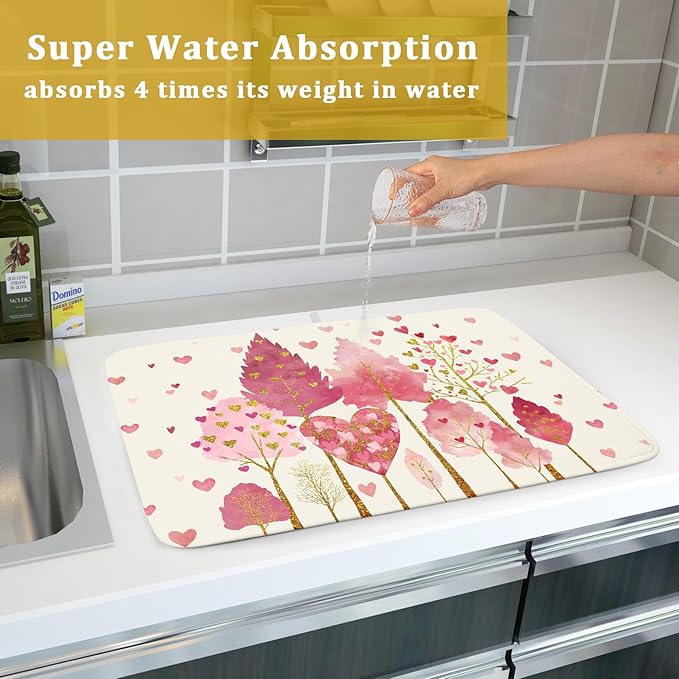 Valentines Day Pink Tree Dish Drying Mat for Kitchen Counter 24x18 Inch Heart Drying Mat with Absorbent Reversible Microfiber Love Dish Drainer Mats Rack Pad for Coffee Countertop Protector