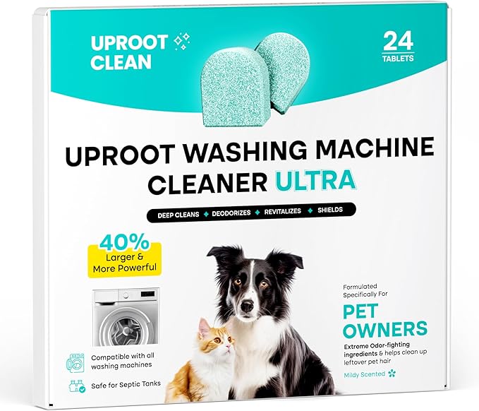 Uproot Clean Washing Machine Cleaner Tablets Ultra - 40% Stronger Formula: Designed for Pet Owners, Remove Residue, Grime & Odors, Compatible with HE, Top & Front Load, 24 Pack - 12 Month Supply