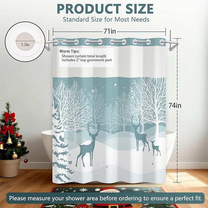 No Hook Reindeer Christmas Shower Curtain with Snap in Liner, Waterproof Winter Shower Curtain with Sheer Top Window, Snowy Forest Holiday Shower Curtains for Bathroom, 71x74 Inches