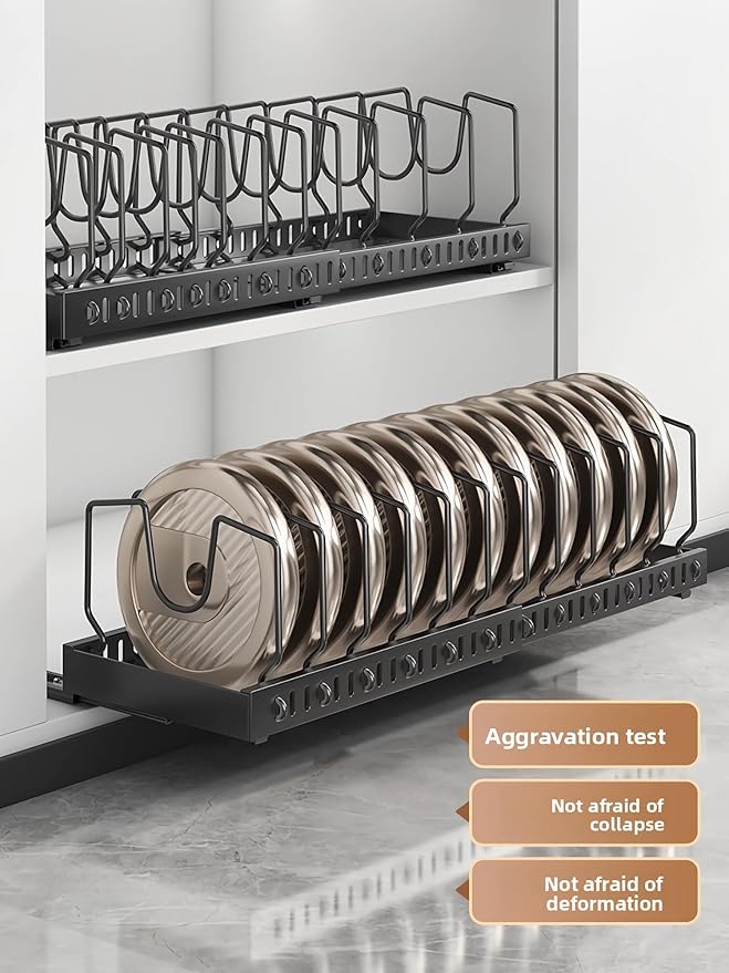 Mnftive pots and pans organizer under cabinet,pot lid organizers inside cabinet holders for kitchen,Horizontal and vertical pulling modes,Can be extended and adjusted (Black horizontal pull-out)