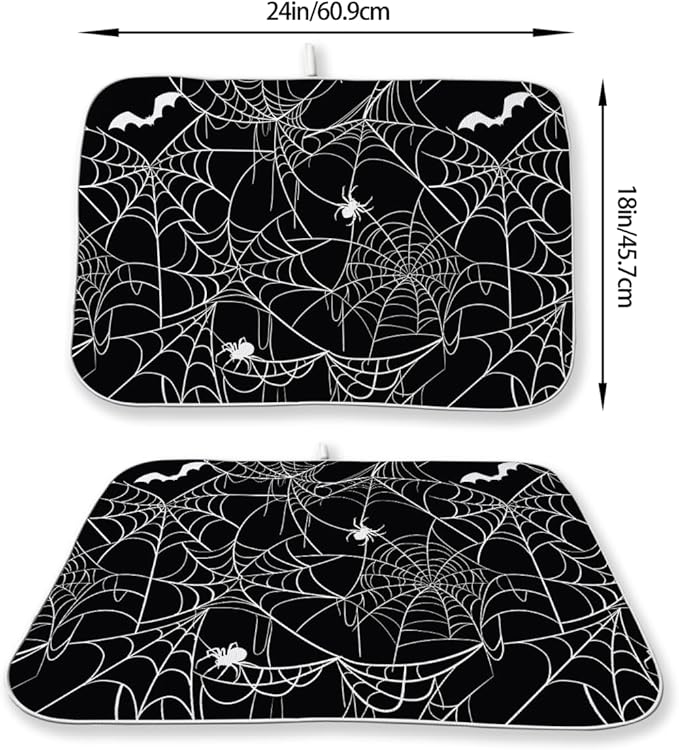 Halloween Dish Drying Mat 18 x 24 Inch Bat Spider Web Drying Mat for Kitchen Counter Absorbent Spiders Black Dishes Dry Pad for Drainer Rack Kitchen Fast Dry