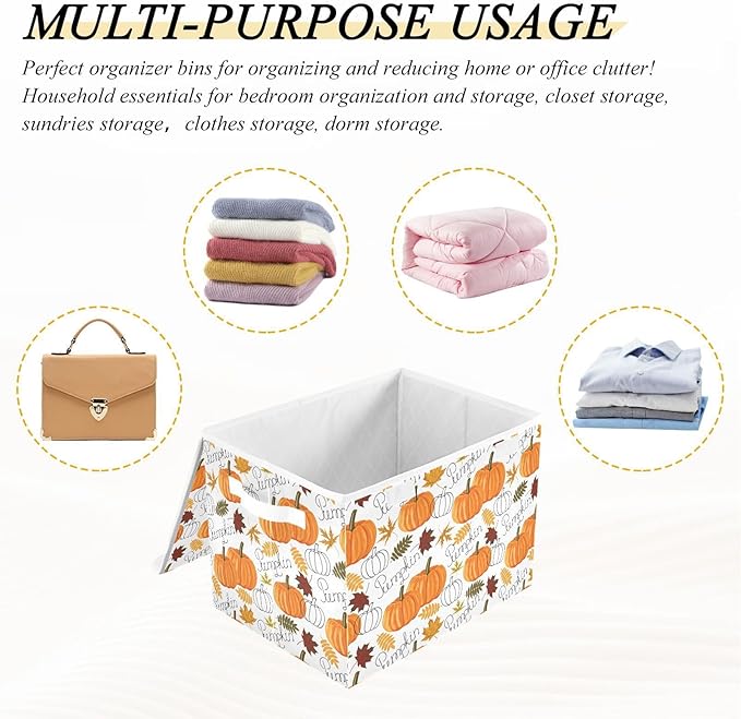 Thanksgiving Baskets Collapsible Storage Bins with Lids, Pumpkin Leaf Fall Autumn Thanksgiving Storage Boxes Clothes Baskets for Organizing