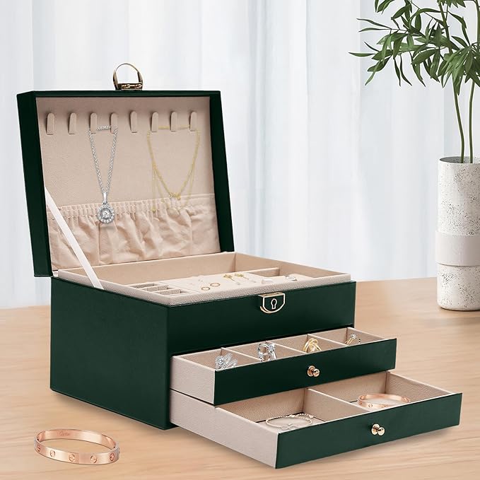 Jewelry Case 3 Layers Jewelry Organizer,Watch Box Earring Storage Box,Necklaces Holder Rings Organizer with Pull-Out Drawer,Lock,Green (Green)