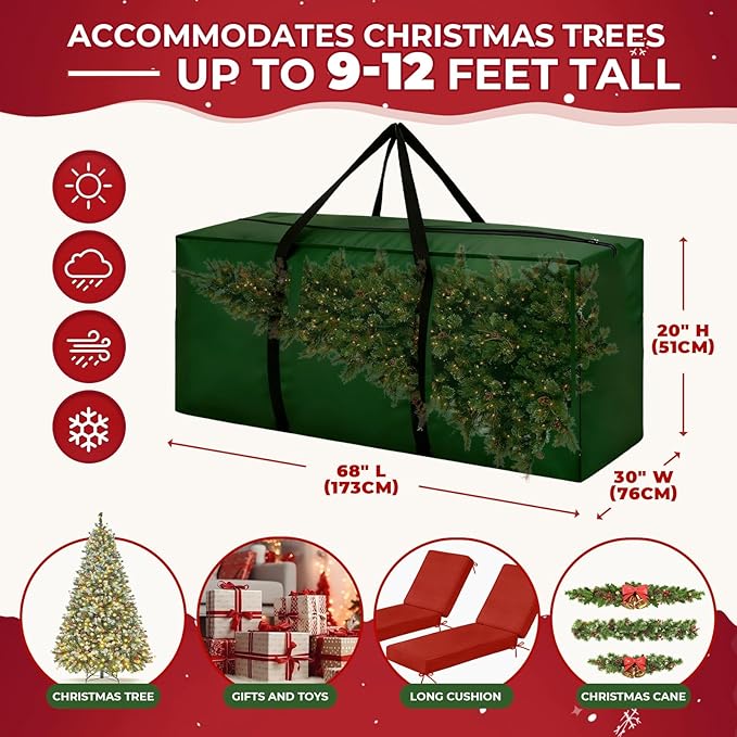 Extra Large Christmas Tree Storage Bag Fits Up to 12 ft Tall Artificial Trees, 68" L X 30" W X 20" H Heavy Duty Xmas Tree Storage Bag Waterproof with Reinforced Handles and Zippers, Green