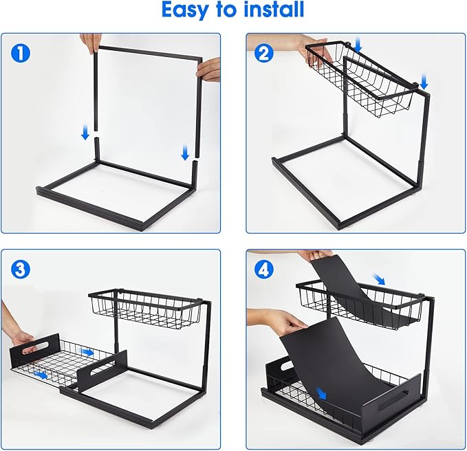 UINOFLE Under Sink Organizer, 2 Tier Pull-Out Cabinet Storage Shelf, Rust-Resistant Metal Organizer for Kitchen Bathroom Laundry Room, No Tools Installation, 1 Pack Black