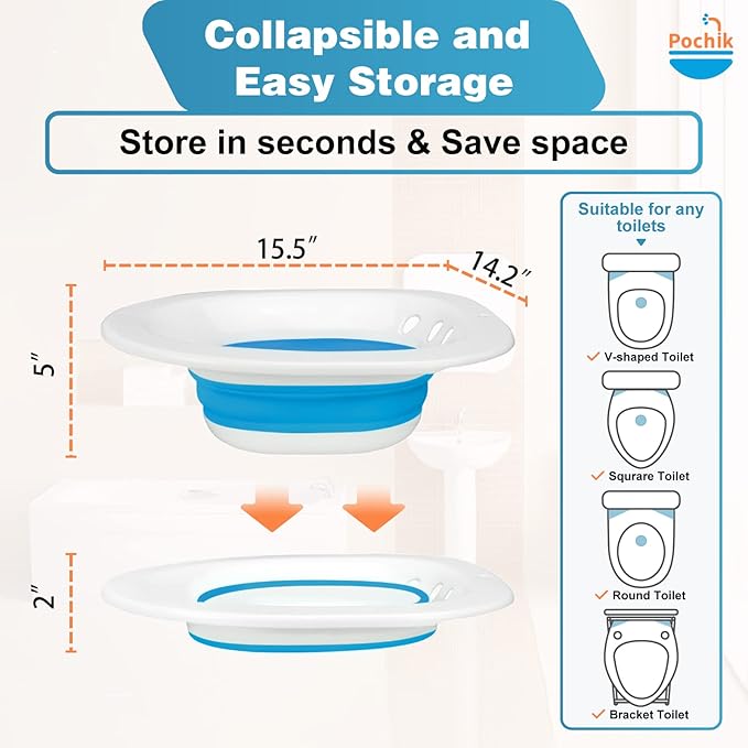 Pochik Sitz Bath for Toilet Seat Hemorrhoids and Postpartum Care, Yoni Steam Seat, Perineal Soaking, Collapsible, Flusher Hose, Drain Holes, Wider Seating Area - Blue