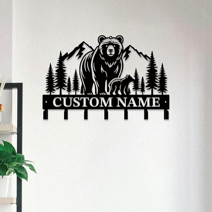 Personalized Custom Name Bear Key Wall Hooks,Metal Bear Keys Clothes Hooks,Metal Bear Wall Home Storage Decorative,For Front Door, Hallway, Kitchen, Bedroom,Keys,Hats (Style H)