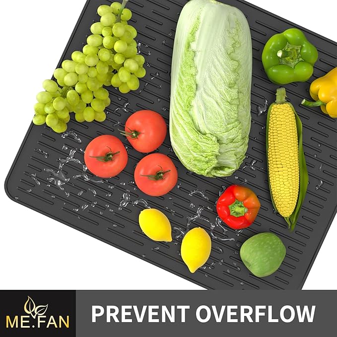 ME.FAN Silicone Dish Drying Mat for Kitchen Counter, Dish Drying Pad for Sink, Refrigerator or Drawer, Countertop Protection Pad L - 18''×16'' - Black