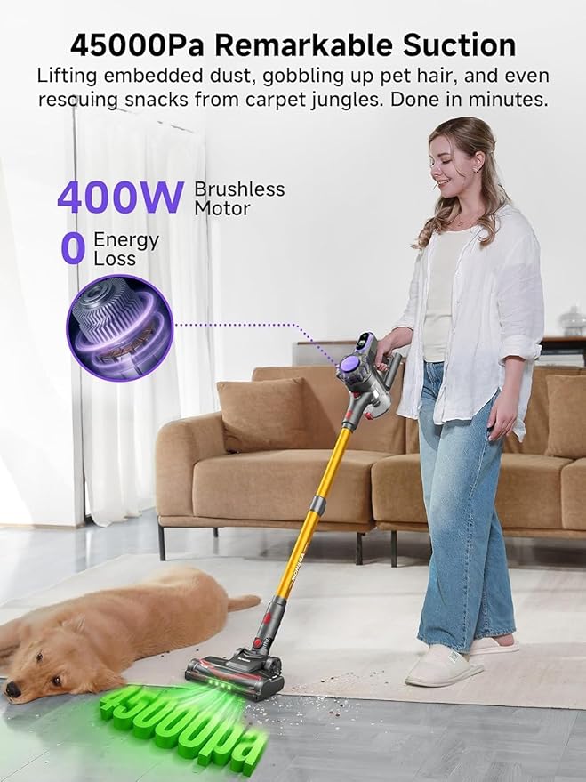 MONSGA Cordless Vacuum Cleaner, 45KPa 400W Stick Vacuum for Home, 50Mins Anti-Tangled Vacuum Cleaner with Charging Dock, Light-Weighted Handheld Vacuum for Pet Hair/Carpet/Floor (Gold&Purple)