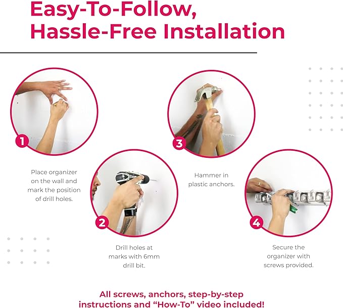 Berry Ave Broom Holder Wall Mount and Garden Tool Organizer, Closet Storage, Kitchen Rack, Home Organization and Garage Organizer for Rake or Mop Handles Up to 1.25-Inches, Hanger Plus 6 Hooks (Grey)