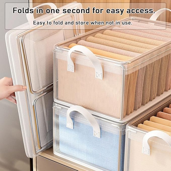 4PCS Foldable Storage Box with Lid - Extra Large FabricCloset Organizer for Clothes, 18.5x11x7.9 Inch Canvas Bin,Collapsible Design for Bedroom, Shelf, Closet, Underbed (Clear)