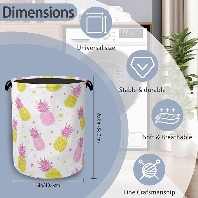 Pineapple Tropical Laundry Hamper,Dirty Clothes Laundry Basket with Handles Waterproof Oxford Cloth Storage Basket for College Dorms Bathroom Bedroom 16" x 20.8"