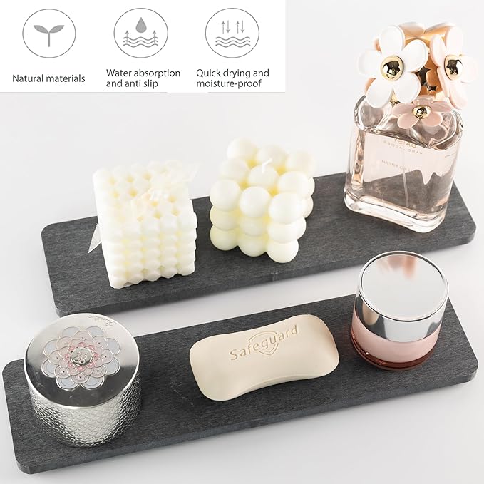 NiuYichee 2 Pcs Water Absorbing Stone Trays, Kitchen/Bathroom Sink Soap Dish, Diatomite Tray Used for Hand Soap & Cosmetic Bottles in The Modern Home, 3.15" W x 11.8" L, Dark Gray