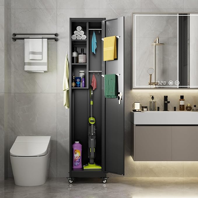 Aobabo Metal Broom Closet Storage Cabinet with Wheels, 72'' Tall Steel Cleaning Tools Garage Cabinet with Pegboards and Hooks,Assembly Required,Black
